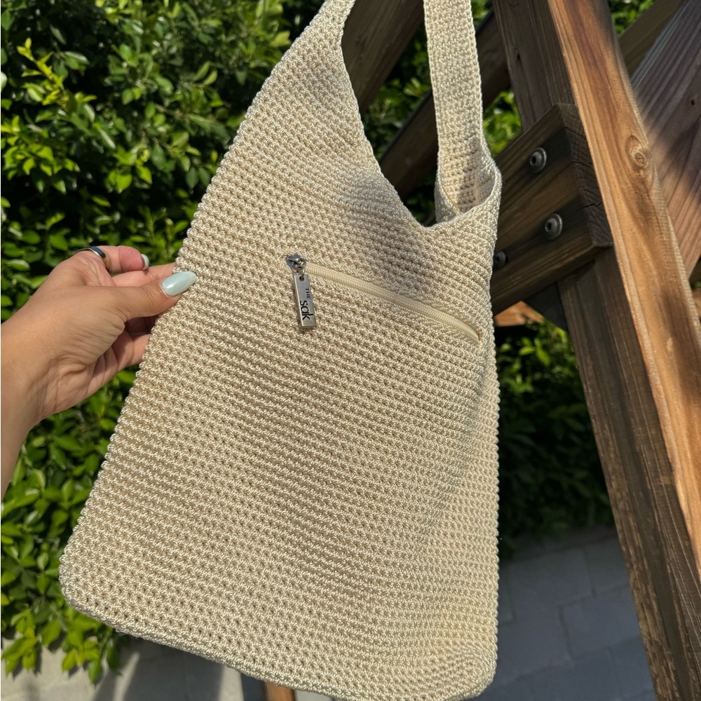 The Sak 120 crochet hobo shoulder bag Cream Knit with Front Zip